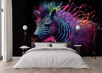 Painted animal with paint splash painting technique on colorful background zebra Wall mural