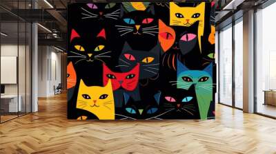 Retro vector style cute cat animal fabric pattern for wrapping paper background banners. Generative AI. Isolated on black background Wall mural