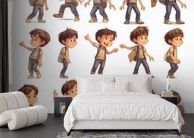 Teen boy character, multiple poses and expressions, collection, children's book illustration style, about 15 years old boy, men, isolated whited background, generative AI Wall mural