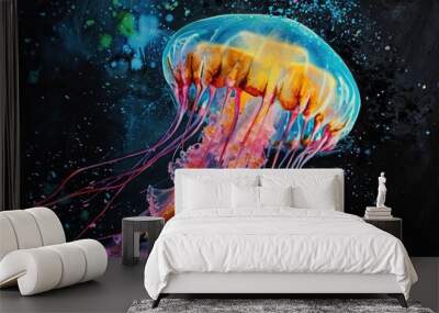 Watercolor animal jellyfish with colorful splashes on black background. Generative AI Wall mural