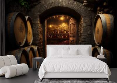 Winery, wine cellar with many barrels and bottles of wine, interior furnished traditional, retro Wall mural