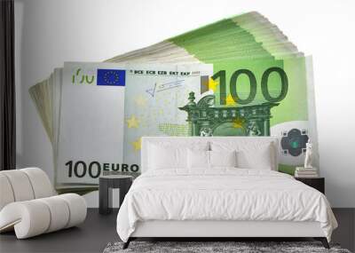 concept of wealth in euros: a pile of 10,000 euros in one hundred 100 euro banknotes isolated on whi Wall mural