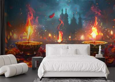 Diwali Oil diya lamps with burning flames surrounded by flower petals, background Wall mural