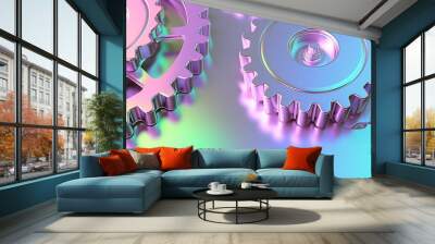 holographic iridescent metallic gears and cogs, soft neon gradient pastel background Wall mural