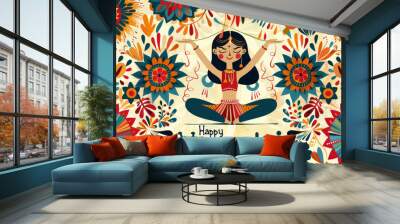 Indian woman meditating surrounded by colorful floral patterns celebrating Navratri Wall mural