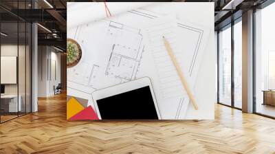 Interior designer table workplace with house plan Wall mural