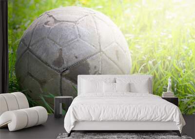 Old soccer ball on the green grass Wall mural