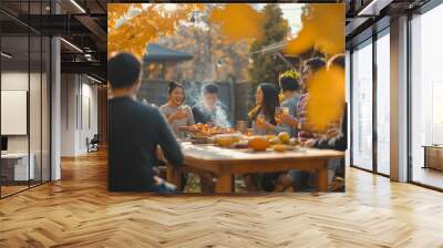 Outdoor gathering with people having a meal in autumn setting Wall mural