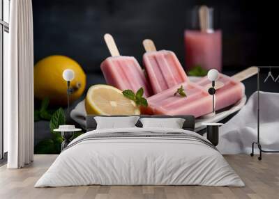 Pastel pink lemonade popsicles ice cream and lemon Wall mural