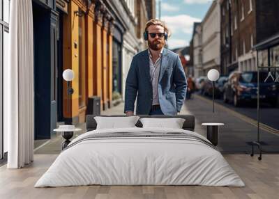 Stylish Man Enjoying Urban Walk on city streets with music on his headphones Wall mural