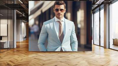 Stylish man in light blue suit and sunglasses walking on city street Wall mural