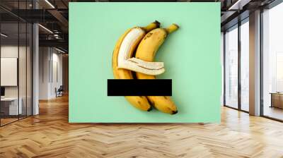 two bananas on a green background with censored black line, one banana hugs another with its peel Wall mural