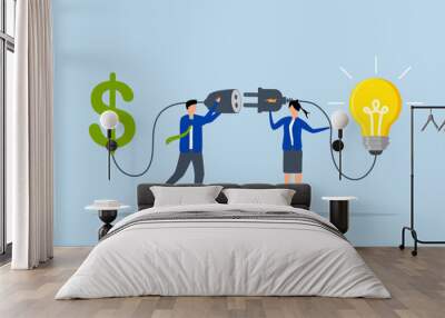 Financial support for startup and entrepreneur company, Businessman and businesswoman link a lightbulb and a dollar sign. Wall mural