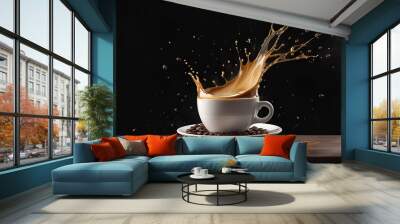 Aromatic coffee splash and splatter in a glass and cup Wall mural