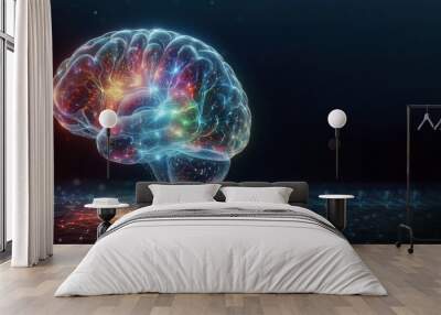 Hologram of the brain. Wireframe glowing low poly design on dark background, healthy brain concept Wall mural