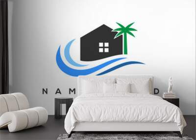 ocean waves and abstract house with palm tree logo vector design Wall mural