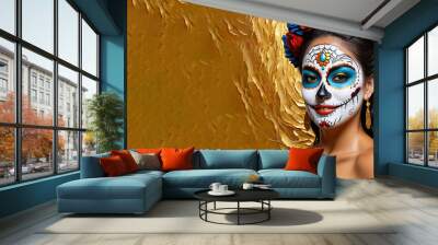 oil painting illustration of  Close-up portrait woman with skull face make up. Dia de Muertos Wall mural