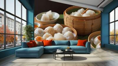 Steamed dumplings asian dim sum in bamboo steamer, chinese cuisine Wall mural