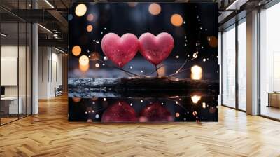 Cute two pink hearts love shaped in the light bokeh background in the style of glittery and shiny. Background concept for Valentine's day, wedding and romantic event. Wall mural