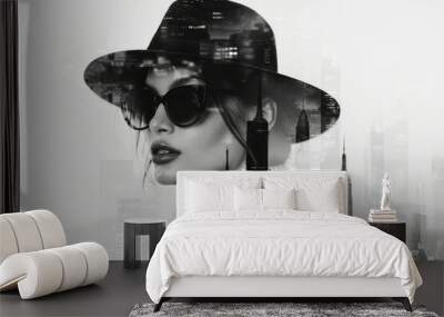 Stylish double exposure portrait of a woman in sunglasses and hat merged with a cityscape. The monochrome composition emphasizes urban elegance and modern sophistication. Wall mural