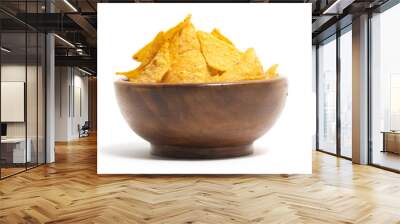 Crispy corn tortilla nachos chips in a wooden bowl isolated on white background clipping path Wall mural