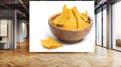 Crispy corn tortilla nachos chips in a wooden bowl isolated on white background clipping path Wall mural