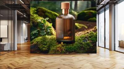 A glass bottle of perfume on a black background | Advertising photo | Mockup Wall mural