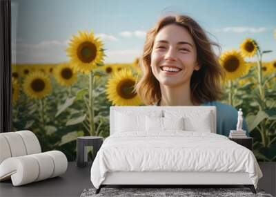 Woman in the sunflowers field. Summer time. Young beautiful woman standing in sunflower field. Wall mural