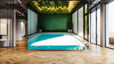 Artificial room interior empty swimming pool background, sunlight and shadow room wall, cozy summer warm room with sunlight shadow and leaves. Wall mural