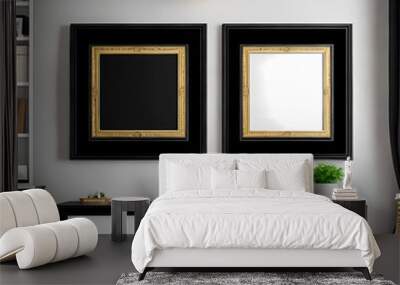 Two horizontal picture frame mockup in black style home interior design. Living room, commode with luxury interior cabinet Wall mural