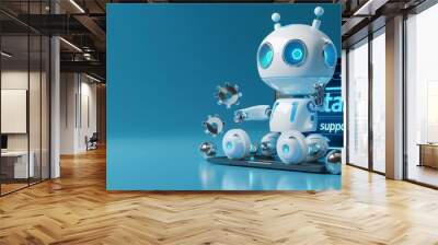 3D render of a cute white robot with gears coming out from a laptop screen and code on a blue background, concept for coding or artificial intelligence design in the style of vector style. Wall mural