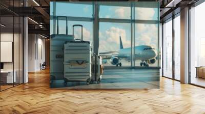 3D render of two suitcases and travel bag near the window in airport with airplane on background, close up. Wall mural