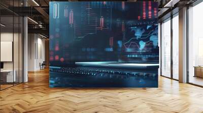 3D rendering of an advanced laptop with holographic data visualizations and graphs floating above the screen, symbolizing technology's role in business analytics Wall mural