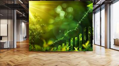 A customized green growth arrow graph on a nature background with a growing tree and sun rays, in the style of a green stock market or business success concept. Wall mural