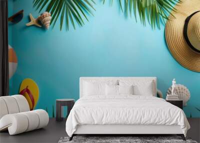 A flat lay composition of summer elements on blue background, including beach ball, flip flops and sunglasses. Wall mural