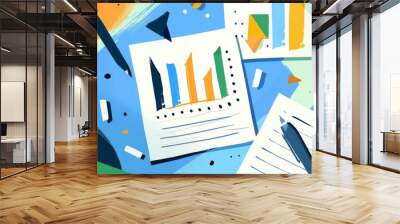 A flat vector illustration of graphs and bar charts on paper with a simple color palette of blue background and orange and green accents, grey pen lines and a blue ink texture Wall mural