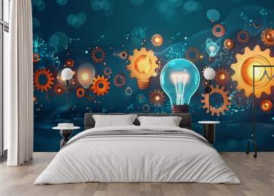 An illustration of gears and light bulbs on a dark blue background, representing innovation in digital marketing with AI technology for online advertising. Wall mural