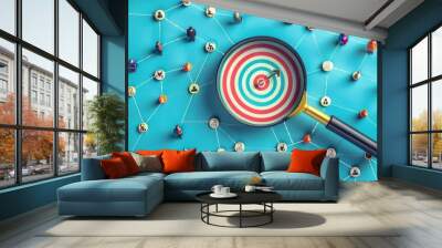 Artwork more resembles a magnifying glass with a target icon on a blue background and social network connections of people icons in a top view. Wall mural