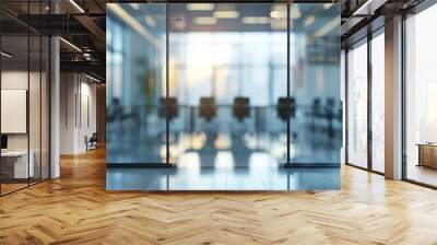 Blurred empty modern office interior with glass walls. Abstract blurred background of a business conference room in the style of a stock photo. Wall mural