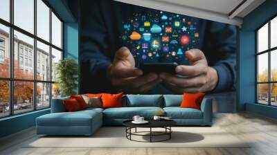 Businessman using mobile phone with digital marketing icons floating above, closeup on hands and device screen. Wall mural