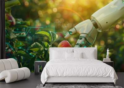 close up of robot hand harvesting apples from apple tree, digital screen with holographic graphs showing data and charts in the background Wall mural