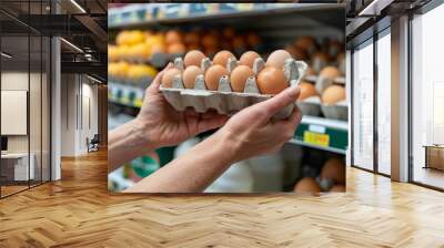 Closeup of hands holding an egg carton in the grocery store, with shelves displaying various eggs and milk products in the background. Wall mural