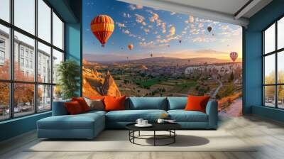 Colorful hot air balloons floating over mountains at sunrise. A wide view of the beautiful landscape with flying balloons, colorful rocks and misty valley Wall mural