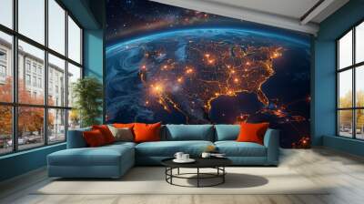 Digital map of North America showing global network connections, data transfer and connectivity between the USA, Canada and Mexico depicted in space over the earth at night. Wall mural