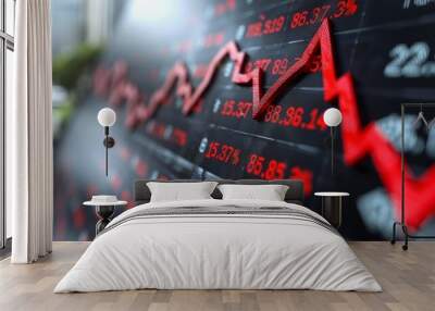 Red arrow pointing up on the stock market graph with a building background, representing the business concept of financial growth and increasing profits for a company. Wall mural