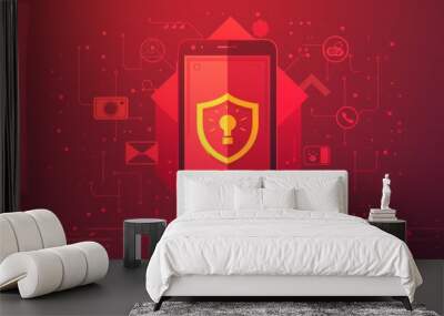 Vector flat illustration of mobile security concept and an exclamation mark, shield icon, popup window on smartphone screen showing a system is being damaged Wall mural