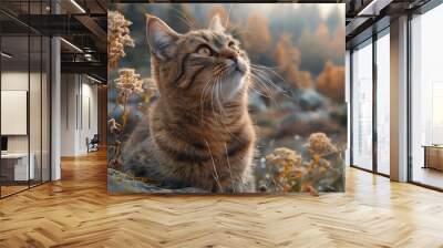 a cat sitting in a field Wall mural