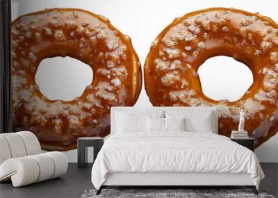 two delicious, glossy donuts side by side, featuring a smooth caramel glaze dripping over the edges, sprinkled with crushed nuts and a dusting of sea salt, hyperrealistic style, bright and vibrant col Wall mural