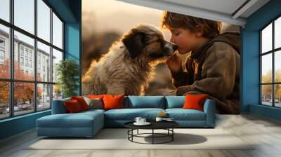 A beautiful emotional connection between a child and a pet dog Wall mural