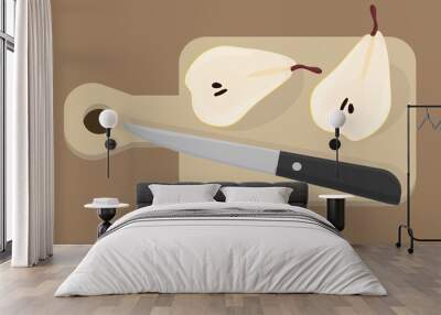 cut pear on a wooden board with a knife Wall mural